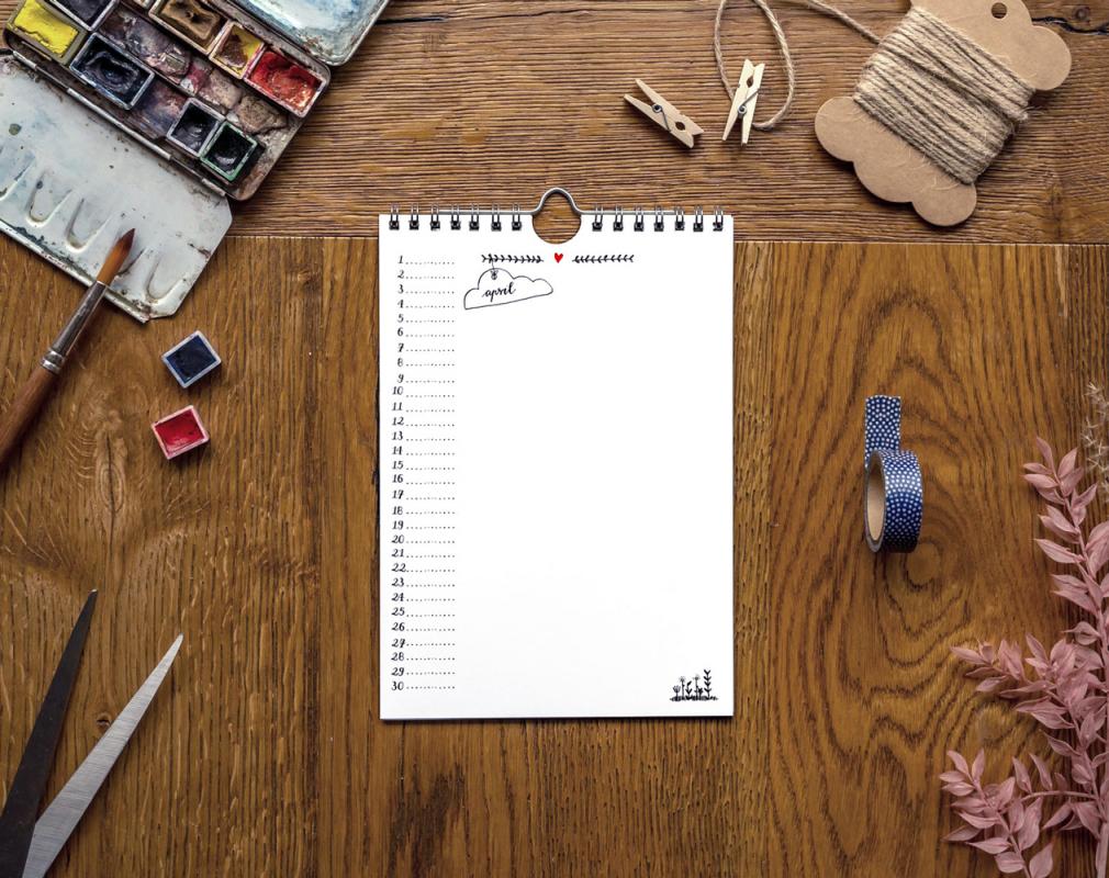Bastelkalender A5 weiß ohne Jahr im zeitlosen Kalligrafie Design